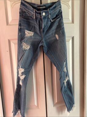 Express Distressed Dark Blue Skinny Jeans
